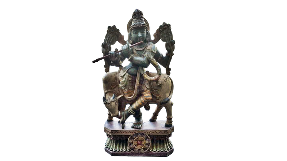 Hindu God Krishna with Cow Wooden Big Statue