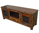 Recycled Wood Rustic Natural   Handmade Wooden Iron Grill TV Stand Plasma Cabinet Entertainment Center 