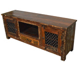 Recycled Wood Rustic Natural   Handmade Wooden Iron Grill TV Stand Plasma Cabinet Entertainment Center