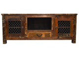Recycled Wood Rustic Natural   Handmade Wooden Iron Grill TV Stand Plasma Cabinet Entertainment Center