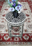 Floral Bone Inlay Black & White 13 Inch Round Accent Table / End Table For Living Room