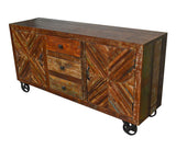 Recycled Wood Rustic Faded Antique white Handmade Wooden  Drawers Cabinet Buffet Server Sideboard with Caster Wheels 
