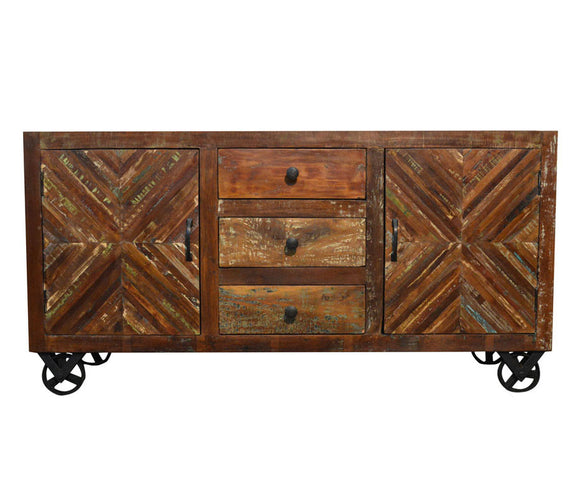 Recycled Wood Rustic Faded Antique white Handmade Wooden  Drawers Cabinet Buffet Server Sideboard with Caster Wheels 