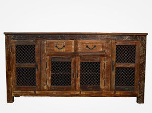 Recycled Wood Rustic Natural   Handmade Wooden Iron Grill Buffet  Sideboard  with Drawers Cabinet