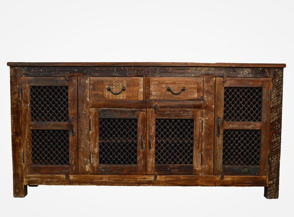 Recycled Wood Rustic Natural   Handmade Wooden Iron Grill Buffet  Sideboard  with Drawers Cabinet