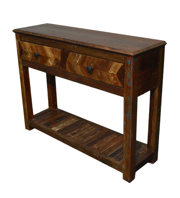 Recycled Wood Rustic Natural   Handmade Wooden 2 Drawer Hall Console Side Table 