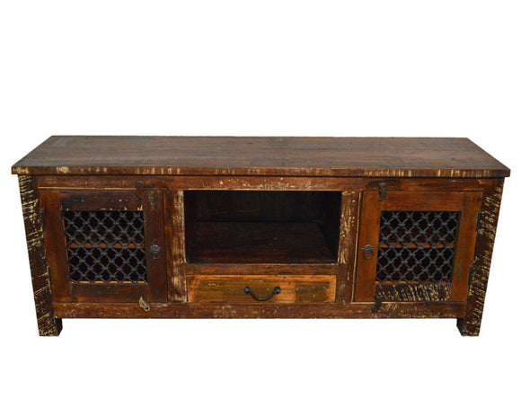 Recycled Wood Rustic Natural   Handmade Wooden Iron Grill TV Stand Plasma Cabinet Entertainment Center 