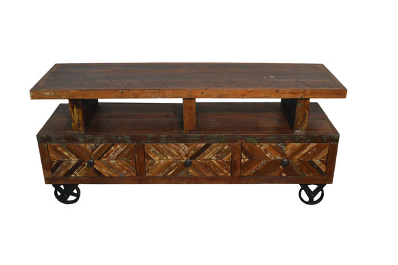 Recycled Wood Rustic Distressed  Handmade Wooden TV Stand Plasma Cabinet Entertainment Center with Caster Wheels