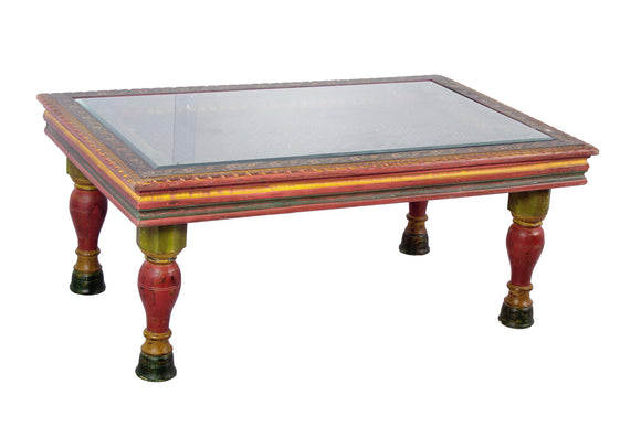 Hand Carved wood Traditional Rectangle Coffee Table with Glass top