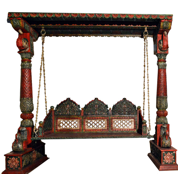 Painted Swing Indian Jhula Wooden Carved Peacock Elephant Design