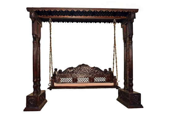 Indian Traditional  Jhoola Swing Wooden Painted Brown 3 Seater