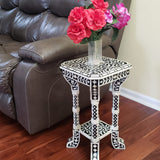 Floral Bone Inlay Black & White 12 Inch Accent Table / End Table For Living Room