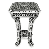 Floral Bone Inlay Black & White 12 Inch Accent Table / End Table For Living Room