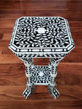 Floral Bone Inlay Black & White 12 Inch Accent Table / End Table For Living Room