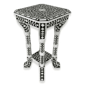 Floral Bone Inlay Black & White 12 Inch Accent Table / End Table For Living Room