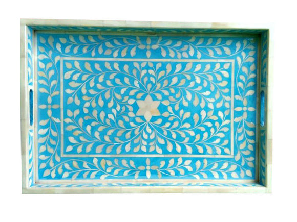 Handmade Wooden Carved Bone Inlaid Boho Chic Decorative Serving Tray