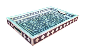 Handmade Wooden Carved Bone Inlaid Boho Chic Decorative Serving Tray
