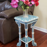 Floral Bone Inlay Blue 12 Inch Accent Table | End Table For Living Room