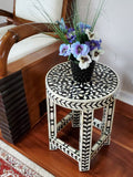 Floral Bone Inlay Black & White 13 Inch Round Accent Table / End Table For Living Room