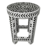 Floral Bone Inlay Black & White 13 Inch Round Accent Table / End Table For Living Room