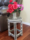 Floral Bone Inlay Black & White 13 Inch Round Accent Table / End Table For Living Room