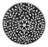Floral Bone Inlay Black & White 13 Inch Round Accent Table / End Table For Living Room
