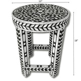 Floral Bone Inlay Black & White 13 Inch Round Accent Table / End Table For Living Room