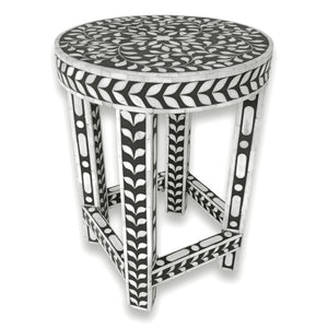 Floral Bone Inlay Black & White 13 Inch Round Accent Table / End Table For Living Room