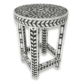 Floral Bone Inlay Black & White 13 Inch Round Accent Table / End Table For Living Room