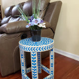 Floral Bone Inlay Blue 13 Inch Round Accent Table / End Table For Living Room