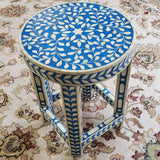 Floral Bone Inlay Blue 13 Inch Round Accent Table / End Table For Living Room