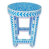 Floral Bone Inlay Blue 13 Inch Round Accent Table / End Table For Living Room