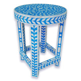 Floral Bone Inlay Blue 13 Inch Round Accent Table / End Table For Living Room