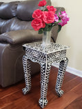 Floral Bone Inlay French Style 12 Inch Black & White Accent Table / End Table For Living Room